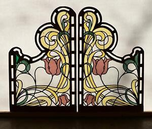 Pair Of Framed Antique French Art Nouveau Stained Glass Panels Leaded Glass