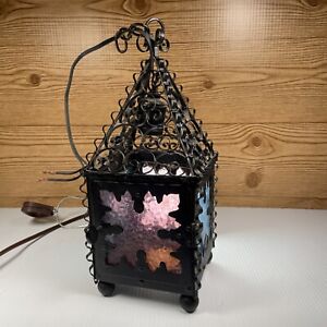 Vintage Iron Stained Glass Lantern Hanging Chandelier Light Lamp