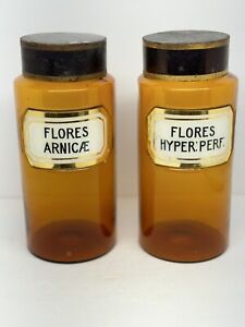 Set Of 2 Late 19th Century French Hand Blown Apothecary Glass Jars Labels Lids