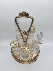 Vintage Victorian Castor Cruet Condiment Set Silver Plate Stand Etched Bottles