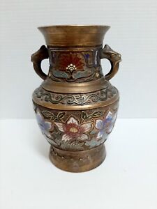 Japanese Bronze Champleve Enamel Vase Or Lamp Base 8 3 8 Double Dragon Handle