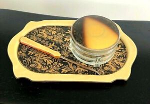 Yellow Celluloid Vanity Dresser Tray Lidded Bowl Gift For Her Jewelry Tray D