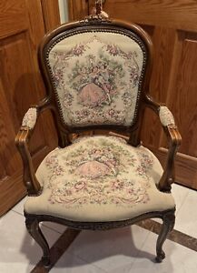 Rare Antique French Needlepoint Chateau D Ax Spa French Louis Xv Fauteuil Chair