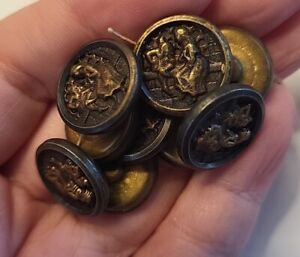 Lot Of 9 Antique Vtg Picture Metal Buttons Lady And Elf On Wall 65 