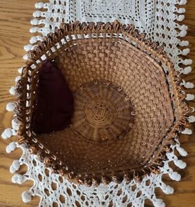 Antique Braided Splint Open Sewing Basket Octagon W Pocket 9 25 W 4 25 T