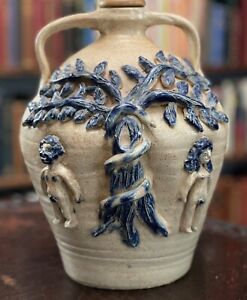 Bruce Stebner Folk Art Pottery Jug Lamp Adam Eve Snake Tree Of Life 1980