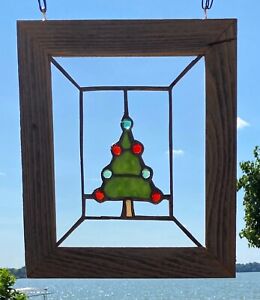 Framed Stained Glass Window Christmas Tree Green Red