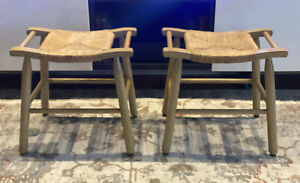 Vtg French Country Rush Seat Stools Set Of 2