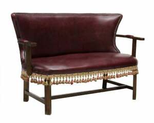 Sofa Continental Oak Tasseled Trim Burgundy Leather Like Vintage Antique