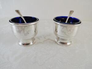 Pair Sterling Silver Cobalt Glass Salt Cellars Spoons Mcm Excellent Condition 
