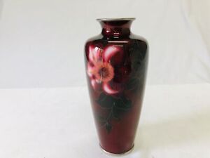 Y5117 Flower Vase Ando Cloisonne Red Flower Signed Japan Ikebana Antique Decor