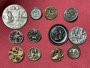 Vintage Antique Brass Large Coat Of Arms 2 Tone Storybook Metal Button Lot Of 12