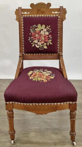 Antique Victorian Eastlake Walnut Needlepoint Carved Fire Place Side Chair