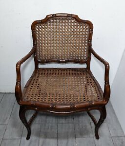 Vintage French Provincial Country Cane Faux Bamboo Wood Arm Chair Louis Xv B
