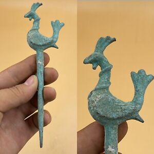 Unique Rare Ancient Near Eastern Luristan Bronze Hair Pin With Rooster On Top