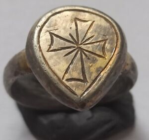 Rare Ancient Byzantine Silver Gilded Ring Depicting Cross On Bezel 1300 1400 Ad