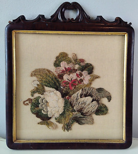 Antique Victorian Chenille Work Embroidery Bouquet Of Flowers In Rosewood Frame