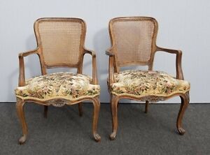 Pair Vintage French Provincial Country White Floral Cane Back Accent Chairs 0221