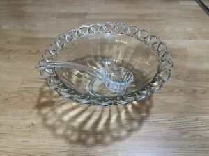 Vintage Glass Antique Punch Bowl With 9 Mugs Glass Spoon Serving Set