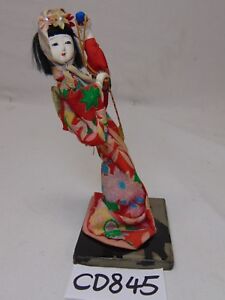 Vintage Asian Japan Made Doll On Wood Stand Geisha 7 Tall Traditional Rare