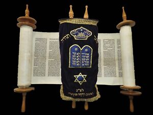 Complete Torah Bible Scroll Handwritten On Parchment Judaica Israel 1960s