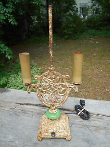 Antique Wrought Iron Jadeite Or Onyx Table Lamp 18 5 Electrified Distressed