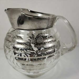 Vtg Pitcher Sterling Silver Overlay Floral Blossom Ribbed Clear Glass