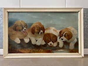  Antique Old 19th C Primitive American Folk Art Dog Puppies Oil Painting