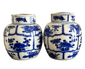 Antique Chinese Kangxi Hand Painted Blue White Quatrefoil Panels Ginger Jars 