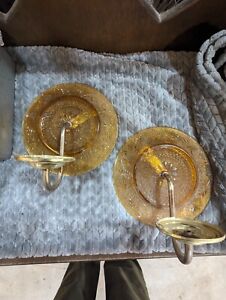 Pair Of Vintage Indiana Tiara Amber Sandwich Glass Brass Candle Wall Sconces