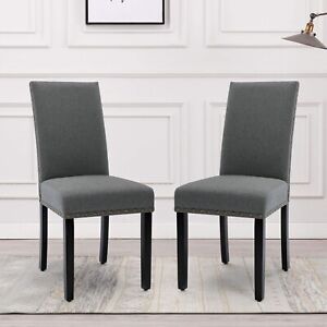 Grey Fabric Modern Set Of 2 Dining Chairs Plush Cushion Side Chairs Nailheads