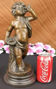 Bronze Sculpture Boy Kid With Bird Art Deco Figurine Statue Marble Base Figure