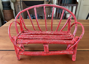 Vintage Twig Bench Settee Primitive Doll Display Folk Art Old Red Paint