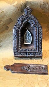 Antique 19c Very Wood Carved Travel Shrine W Bronze Silver Double Sided Buddha