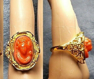 1 Small Imitation Coral Cameo Ring Celluloid Victorian Gold Plated Sterling Adj 