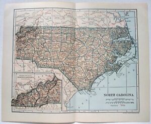North Carolina Original 1907 Dated Map By Dodd Mead Company Antique