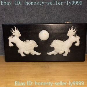 China Ebony Wood Inlay Jade Kylin Kirin Chi Lin Kilin Qilin Animal Jewelry Box
