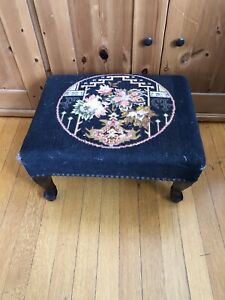 Vintage French Country Blue Floral Tapesty Needlepoint Footstool Stool