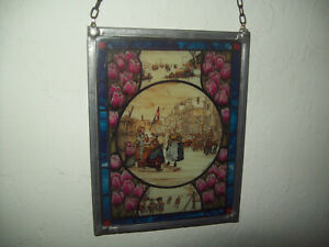 Vintage Wall Hanging Stained Glass Holland Scenes With Tulips