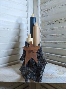 Wooden Country Candlestick Trio W Star Faux Flame Primitive Style Plaid Fabric