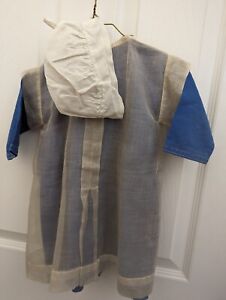 Vtg Primitive Amish Child S Baby Toddler Blue Cotton Dress W Apron Smock Bonnet