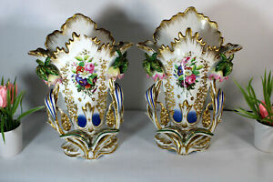 Antique Pair French Vieux Paris Porcelain Hand Paint Floral Vases 1900s