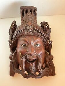 Vintage Hand Carved Wooden Chinese Tibetan Mask Dragons