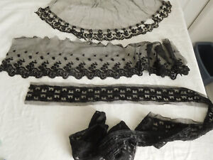 3 Black Mourning Lace Trim Sequins Embroidery Netting Beads Antique Vintage Lot