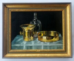 Vintage Andras Gombar Still Life Painting Kitchenware Signed