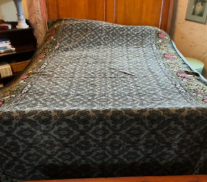 Large Vintage Carpet Or Carriage Blanket Forest Green Floral 62 By 116 