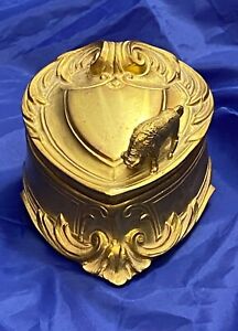 Antique Heart Shaped Gold Metal Jewelry Or Ring Box W Sm Figural Buffalo On Lid