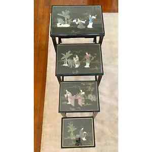 1980s Vintage Chinese Hand Painted Nesting Tables In Black Set Of 4