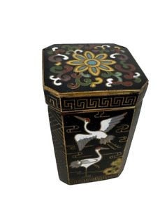 Chinese Cloisonne Enamel Trinket Box Cranes And Floral Decoration Signed