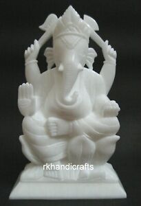 11 Inches Hand Painted Work Lord Ganesh Ji White Marble Siddhi Vinayaka Statue